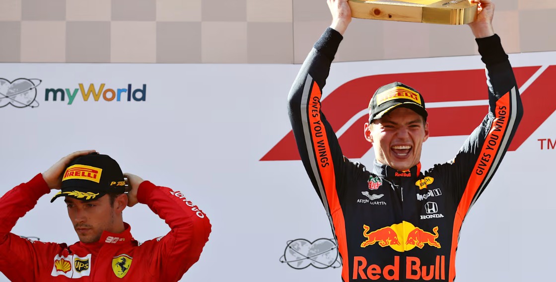 Max Verstappen et Charles Leclerc sur le podium du GP d'Autriche 2019